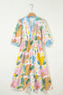 Floral Doodle Print Striped Trim V Neck Midi Dress