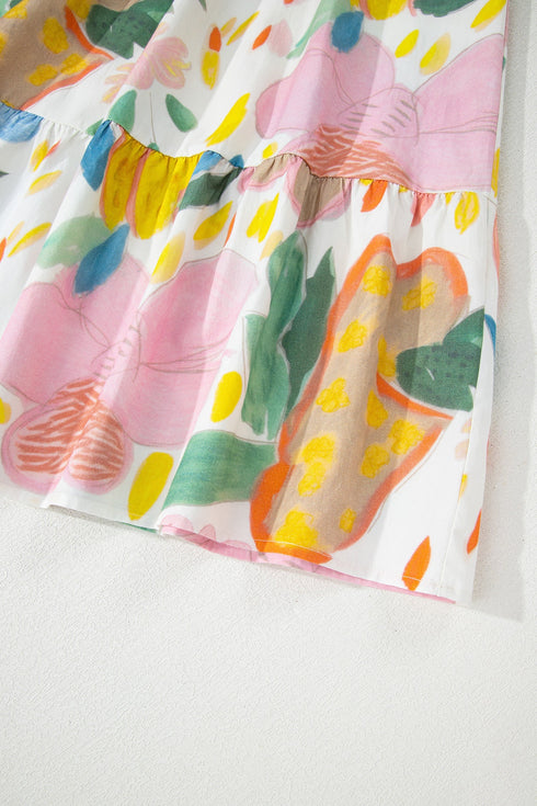 Floral Doodle Print Striped Trim V Neck Midi Dress