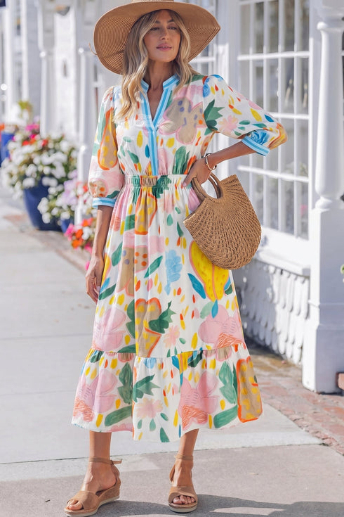 Floral Doodle Print Striped Trim V Neck Midi Dress