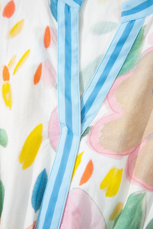 Floral Doodle Print Striped Trim V Neck Midi Dress