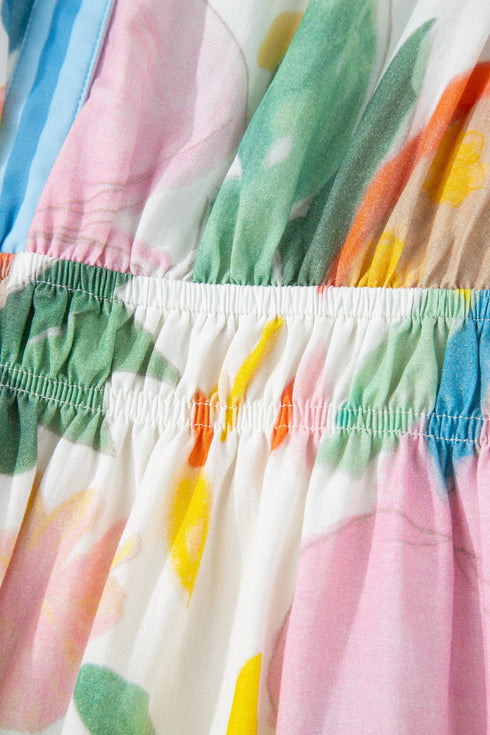 Floral Doodle Print Striped Trim V Neck Midi Dress