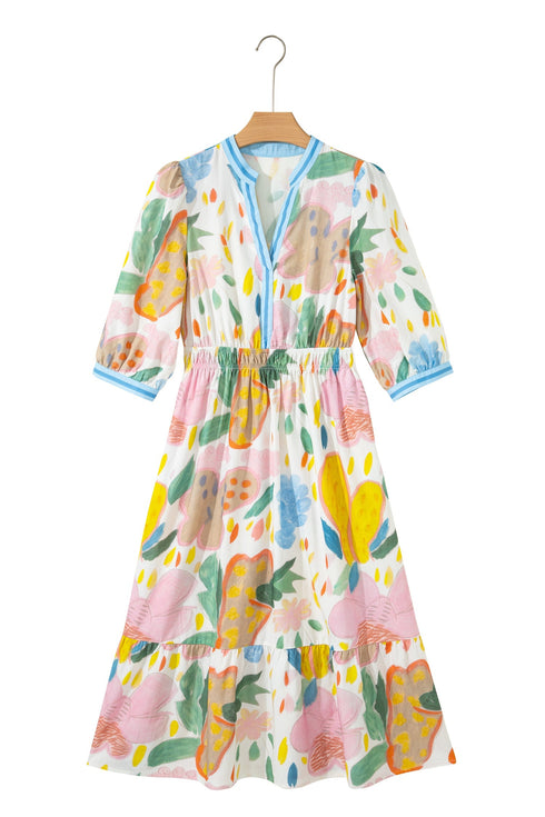 Floral Doodle Print Striped Trim V Neck Midi Dress