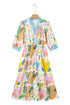 Floral Doodle Print Striped Trim V Neck Midi Dress