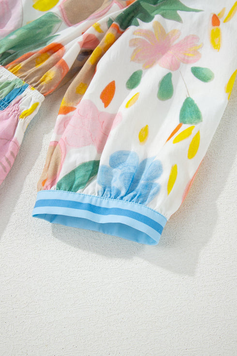 Floral Doodle Print Striped Trim V Neck Midi Dress