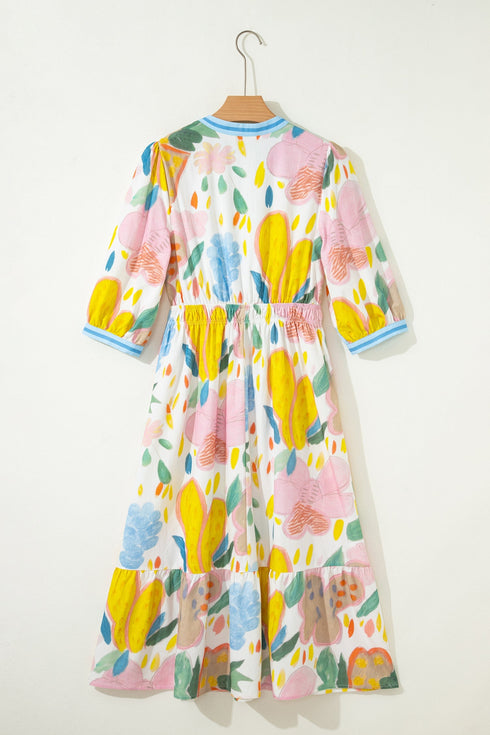 Floral Doodle Print Striped Trim V Neck Midi Dress