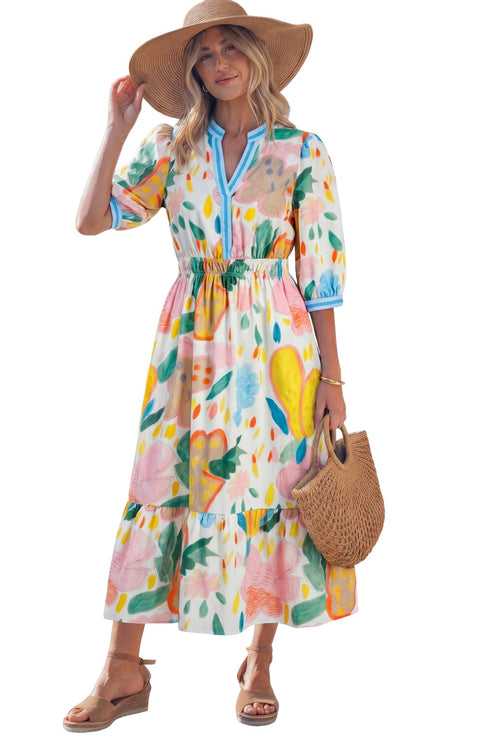 Floral Doodle Print Striped Trim V Neck Midi Dress