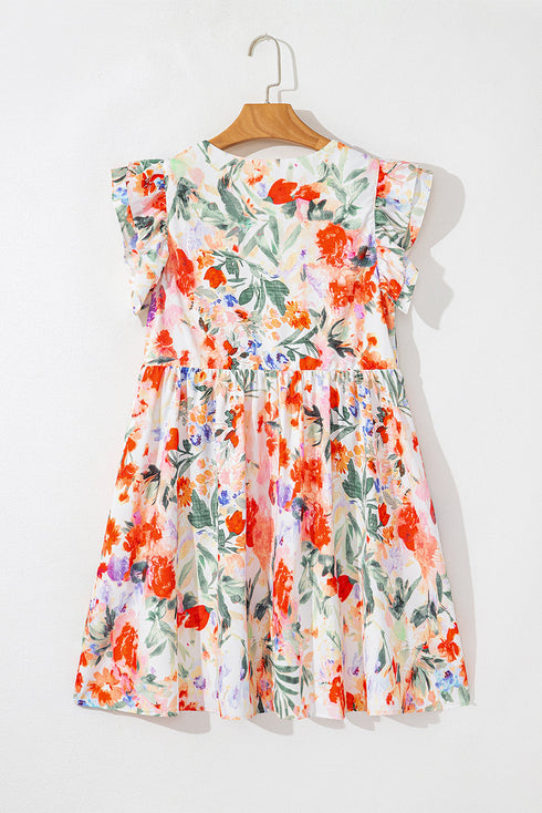 Floral Double Ruffle Sleeve V Neck High Waist Mini Dress
