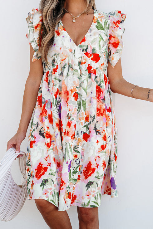 Floral Double Ruffle Sleeve V Neck High Waist Mini Dress