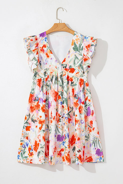 Floral Double Ruffle Sleeve V Neck High Waist Mini Dress