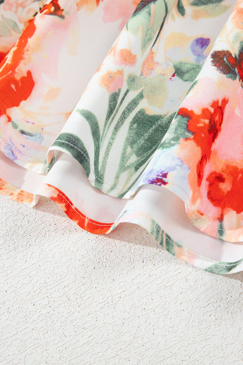 Floral Double Ruffle Sleeve V Neck High Waist Mini Dress