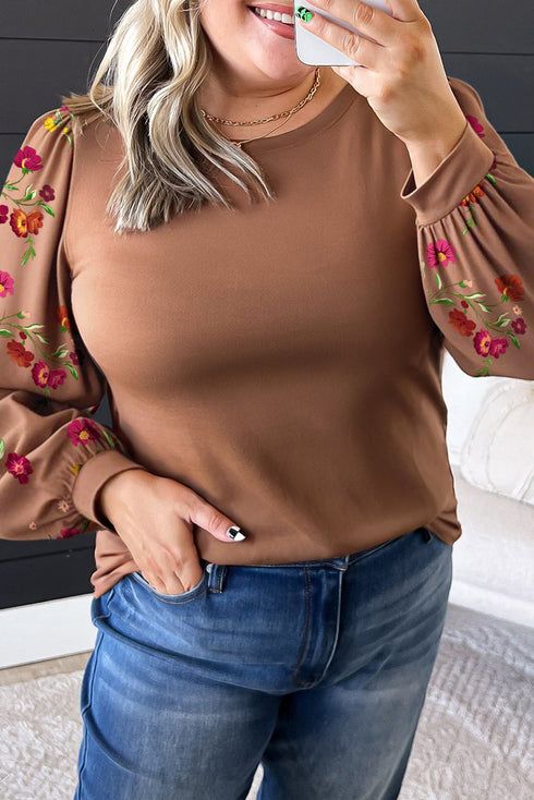 Floral Embroidered Balloon Sleeve Knit Pullover Top