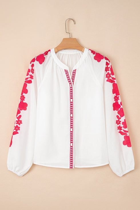 Floral Embroidered Button Front Long Sleeve Peasant Blouse