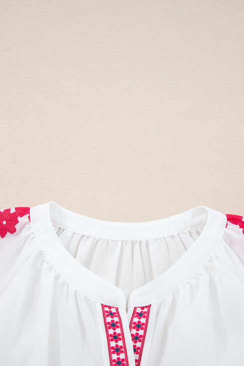 Floral Embroidered Button Front Long Sleeve Peasant Blouse