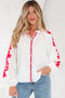 Floral Embroidered Button Front Long Sleeve Peasant Blouse