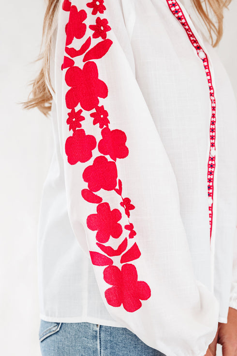 Floral Embroidered Button Front Long Sleeve Peasant Blouse