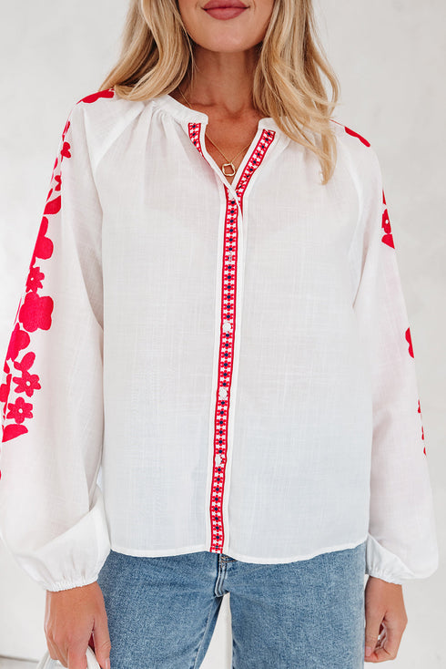 Floral Embroidered Button Front Long Sleeve Peasant Blouse