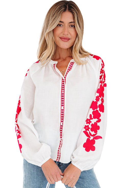 Floral Embroidered Button Front Long Sleeve Peasant Blouse