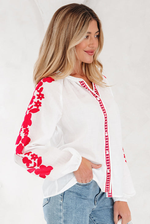Floral Embroidered Button Front Long Sleeve Peasant Blouse