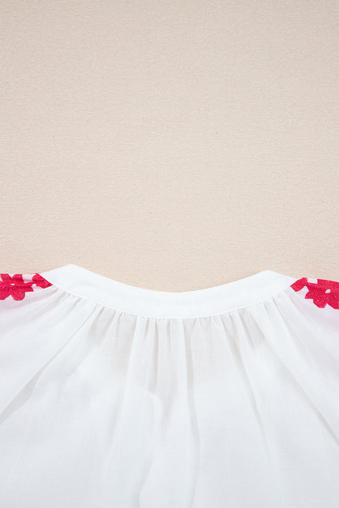 Floral Embroidered Button Front Long Sleeve Peasant Blouse
