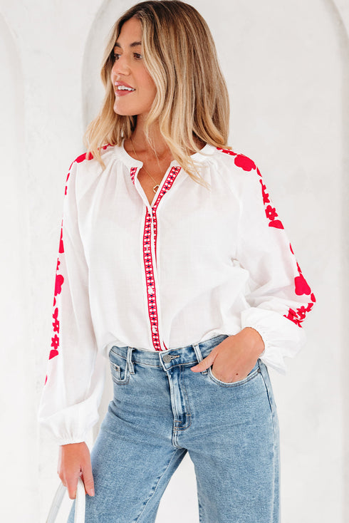 Floral Embroidered Button Front Long Sleeve Peasant Blouse