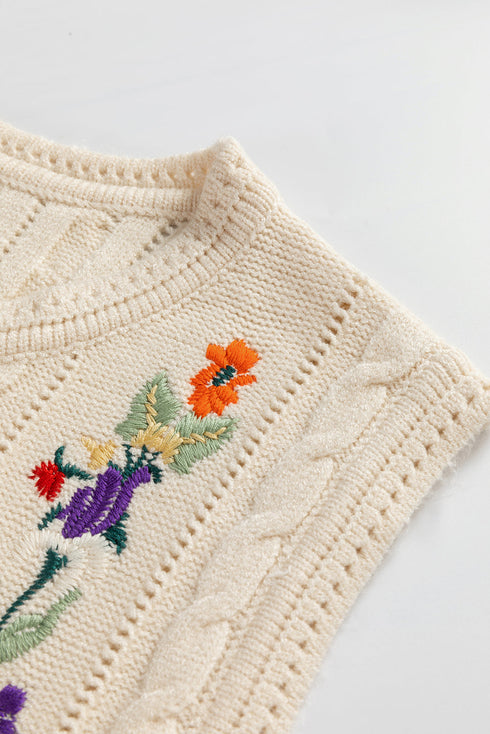 Floral Embroidered Cable Knit Sleeveless Sweater Vest