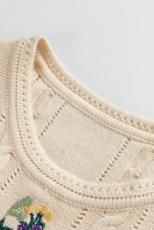 Floral Embroidered Cable Knit Sleeveless Sweater Vest