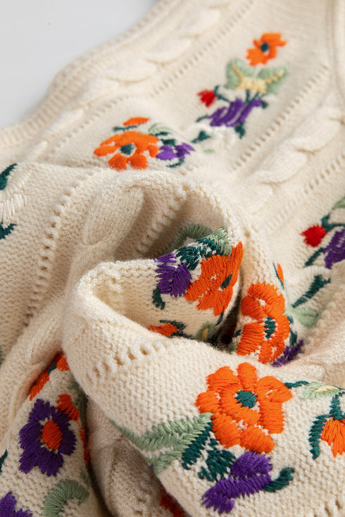 Floral Embroidered Cable Knit Sleeveless Sweater Vest