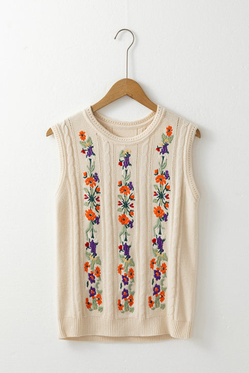 Floral Embroidered Cable Knit Sleeveless Sweater Vest
