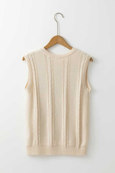 Floral Embroidered Cable Knit Sleeveless Sweater Vest