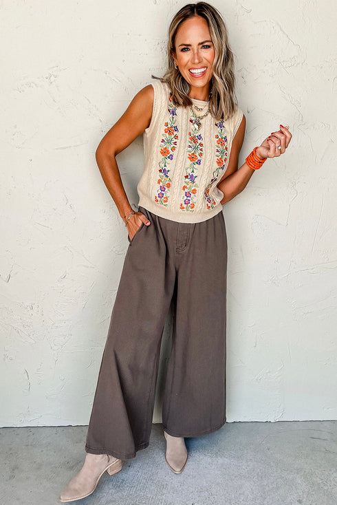 Floral Embroidered Cable Knit Sleeveless Sweater Vest