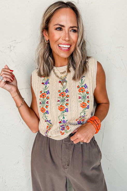 Floral Embroidered Cable Knit Sleeveless Sweater Vest