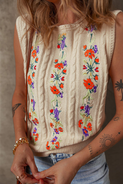 Floral Embroidered Cable Knit Sleeveless Sweater Vest