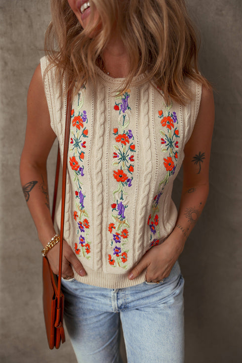 Floral Embroidered Cable Knit Sleeveless Sweater Vest