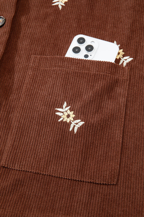 Floral Embroidered Collar Button Front Western Corduroy Jacket