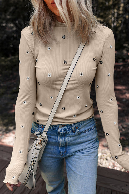 Floral Embroidered Detail Soft Ribbed Knit Long Sleeve Top