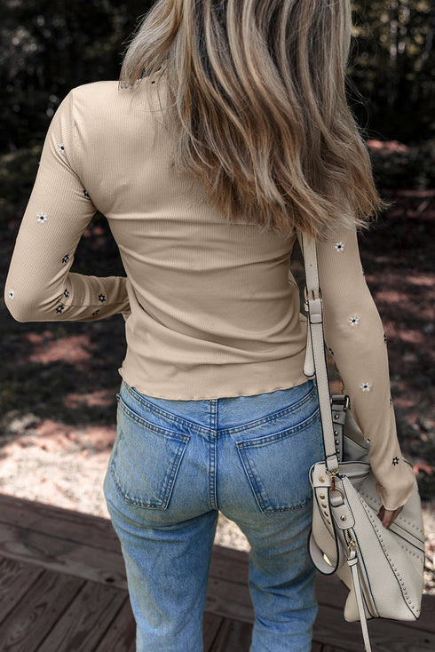 Floral Embroidered Detail Soft Ribbed Knit Long Sleeve Top