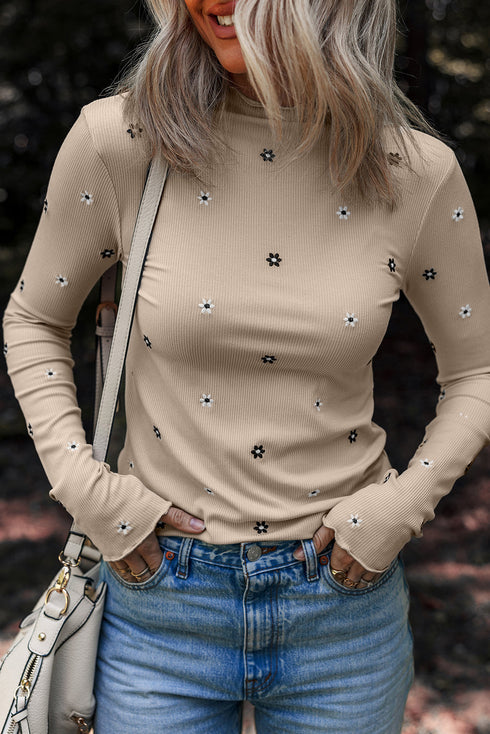 Floral Embroidered Detail Soft Ribbed Knit Long Sleeve Top