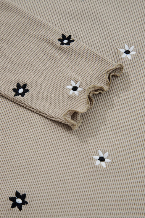 Floral Embroidered Detail Soft Ribbed Knit Long Sleeve Top