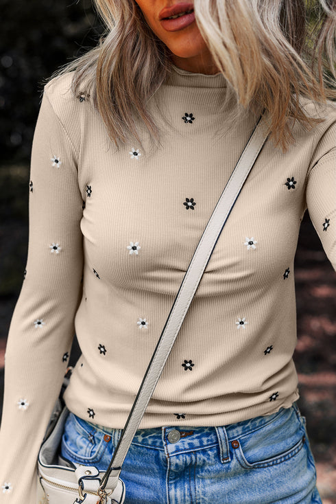 Floral Embroidered Detail Soft Ribbed Knit Long Sleeve Top