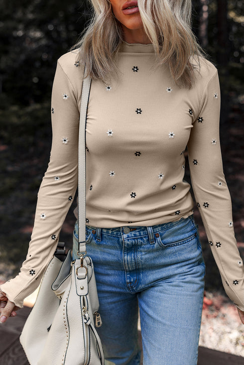 Floral Embroidered Detail Soft Ribbed Knit Long Sleeve Top