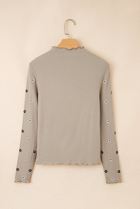 Floral Embroidered Detail Soft Ribbed Knit Long Sleeve Top