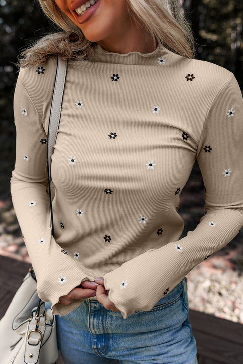 Floral Embroidered Detail Soft Ribbed Knit Long Sleeve Top