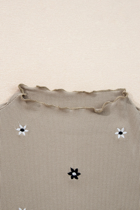 Floral Embroidered Detail Soft Ribbed Knit Long Sleeve Top
