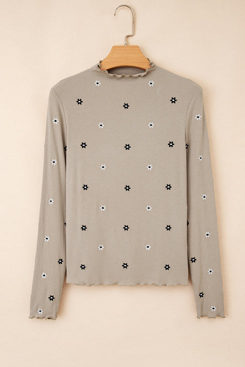 Floral Embroidered Detail Soft Ribbed Knit Long Sleeve Top