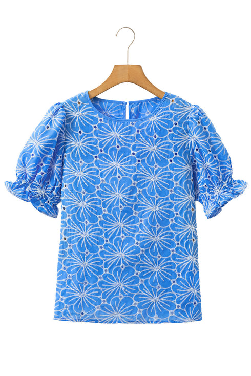 Floral Embroidered Eyelet Puff Sleeve Frilled Blouse