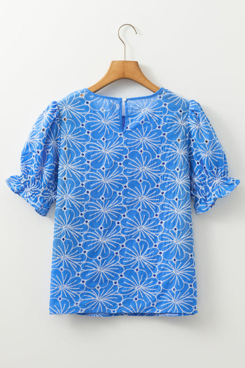 Floral Embroidered Eyelet Puff Sleeve Frilled Blouse
