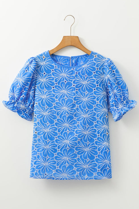 Floral Embroidered Eyelet Puff Sleeve Frilled Blouse