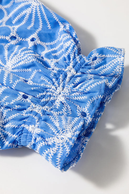 Floral Embroidered Eyelet Puff Sleeve Frilled Blouse