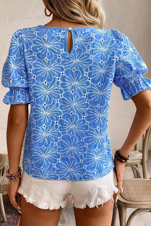 Floral Embroidered Eyelet Puff Sleeve Frilled Blouse