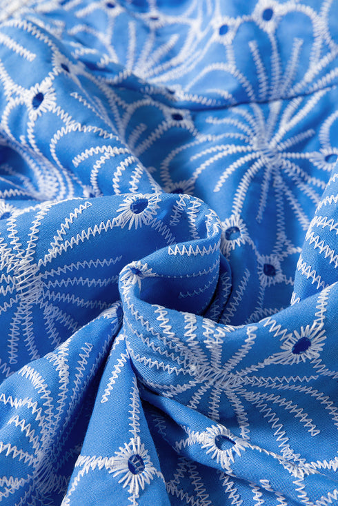 Floral Embroidered Eyelet Puff Sleeve Frilled Blouse